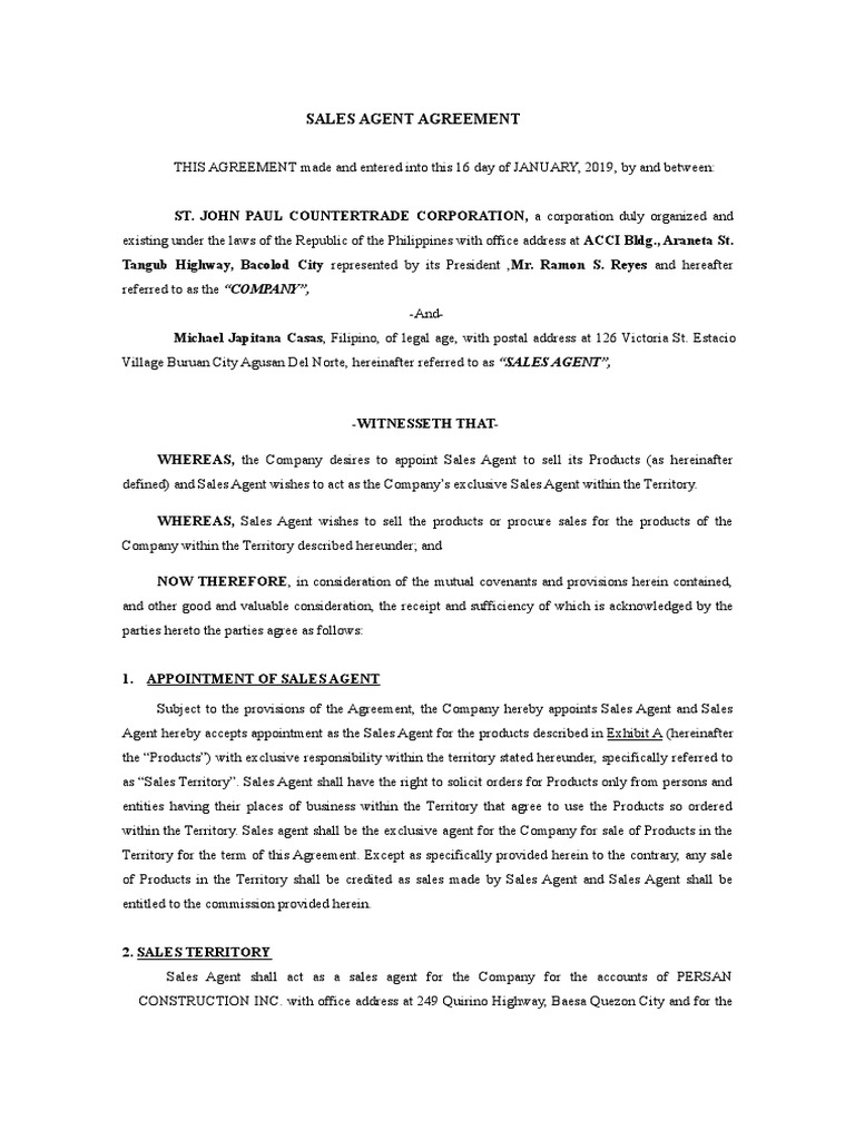 Persan Construction Sales Agent Agreement | PDF | Law Of Agency | Indemnity