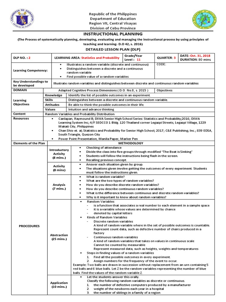 Lesson Plan in Stat Random Variable Probability Distribution