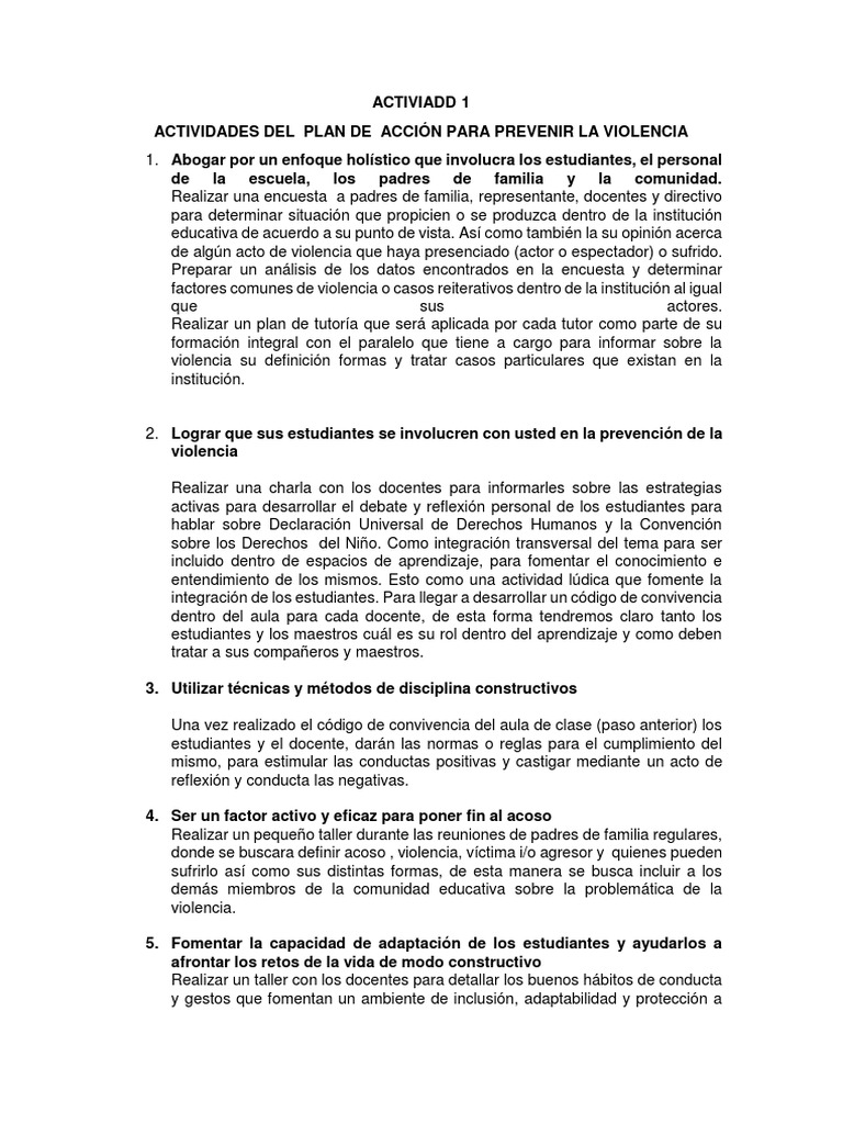 Plan de Acción para Prevenir la Violencia Escolar | PDF | Violencia ...