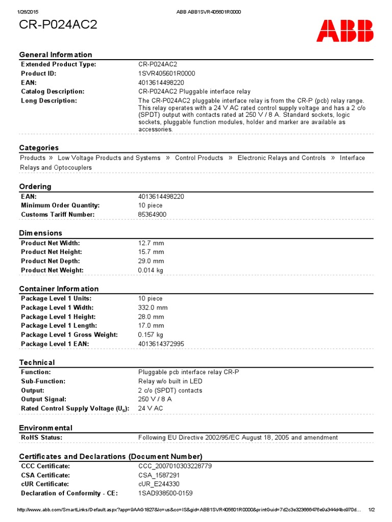 Technical Specifications and Certification Details for the CR-P024AC2 ...