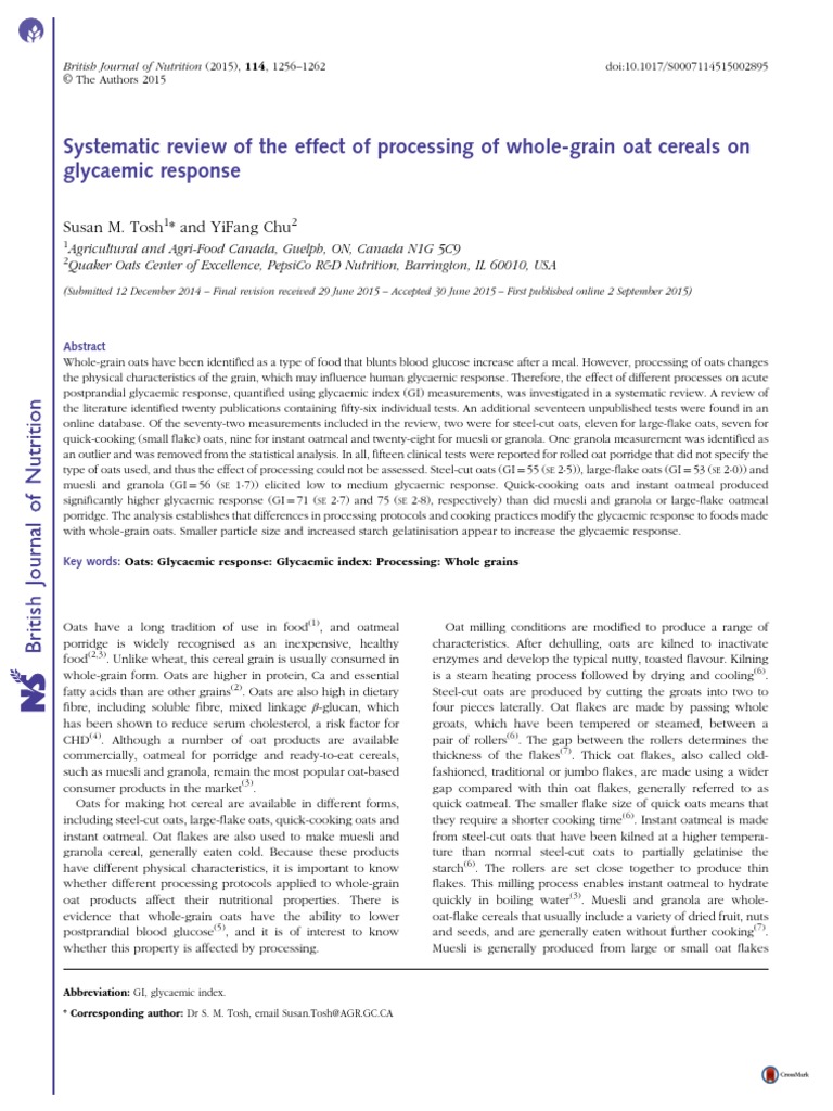 Systematic Review of The Effect of Processing of WholeGrain Oat