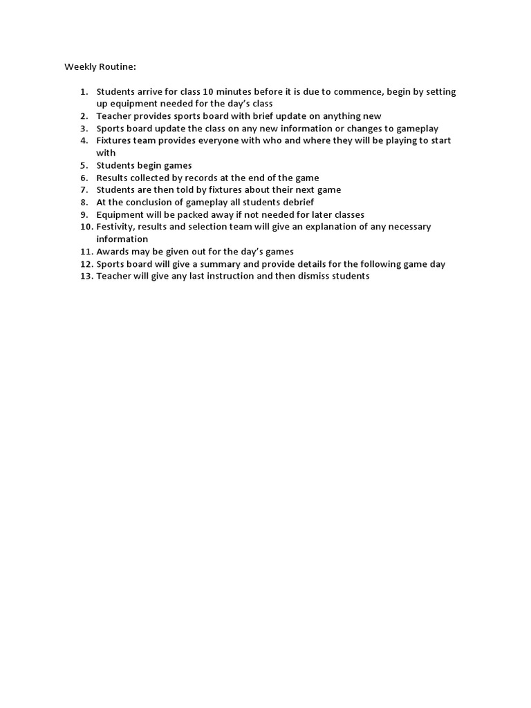 Weekly Routine | PDF | Sports & Recreation