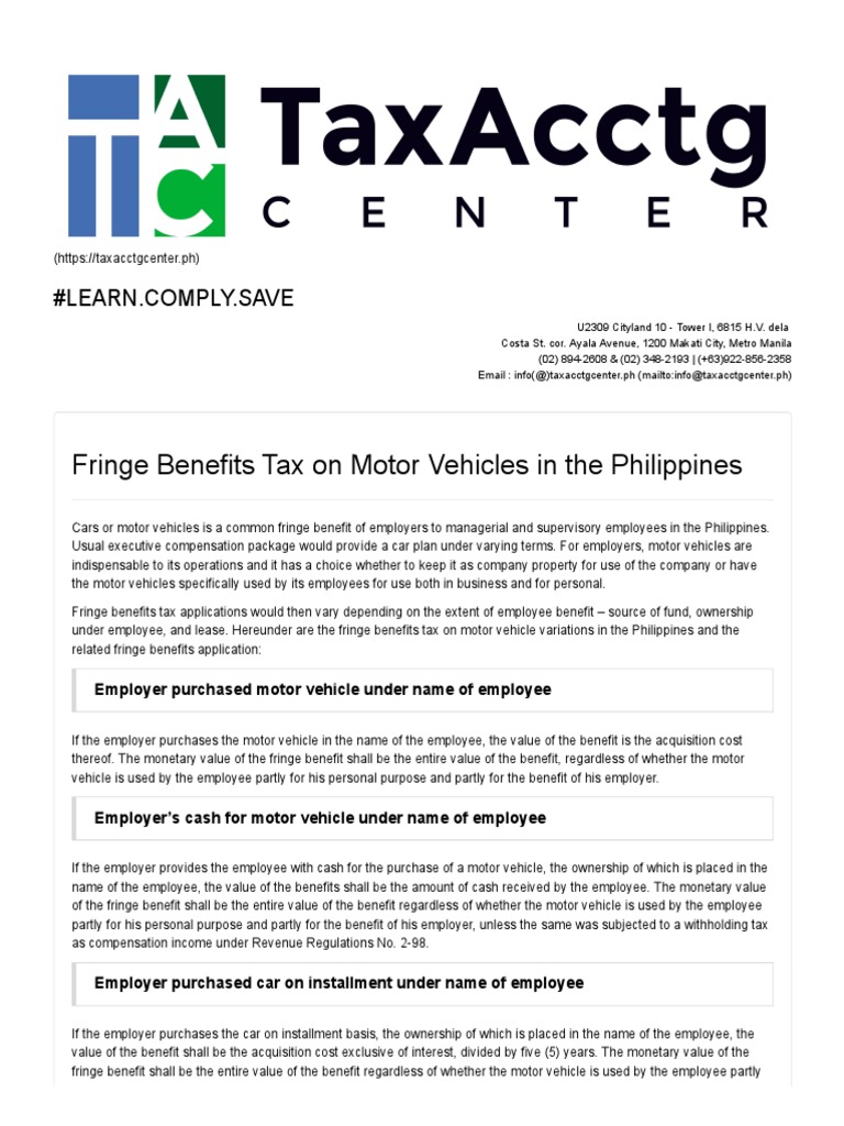 Fringe Benefits Tax On Motor Vehicles in The Philippines Employer Purchased Motor Vehicle Under