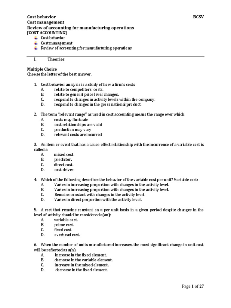 Cost Accounting Practice Test PDF Cost Of Goods Sold Debits And