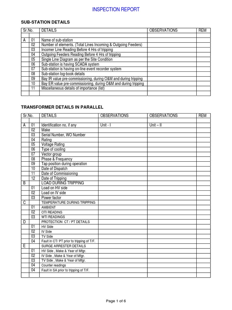 Inspection Report SubStation Details SR No. Details Observations