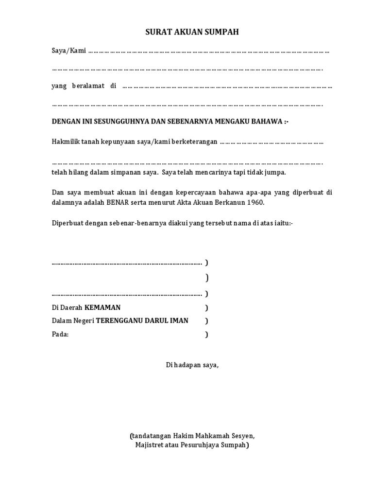Surat Akuan Sumpah Geran Tanah Hilang Pdf