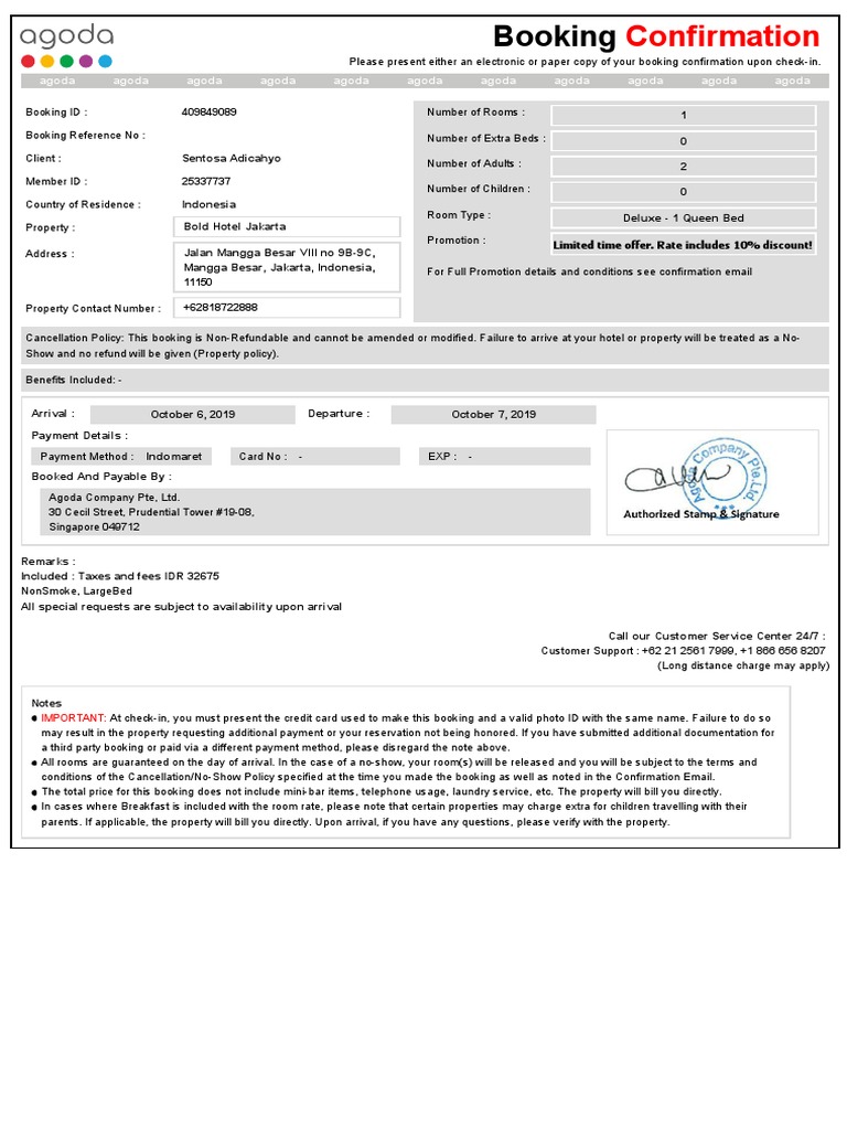 Confirmation For Booking ID # 409849089 Check-In (Arrival) | PDF ...