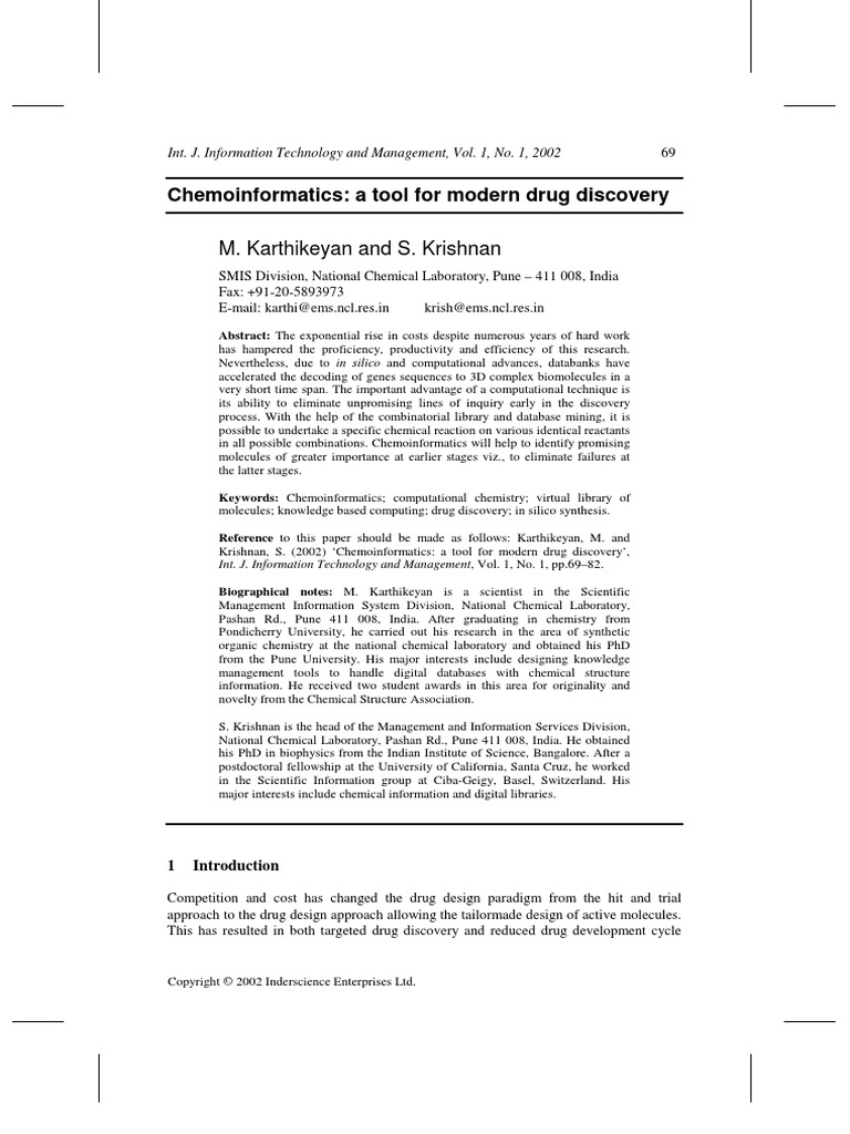 Chemoinformatics: A Tool For Modern Drug Discovery: M. Karthikeyan and ...