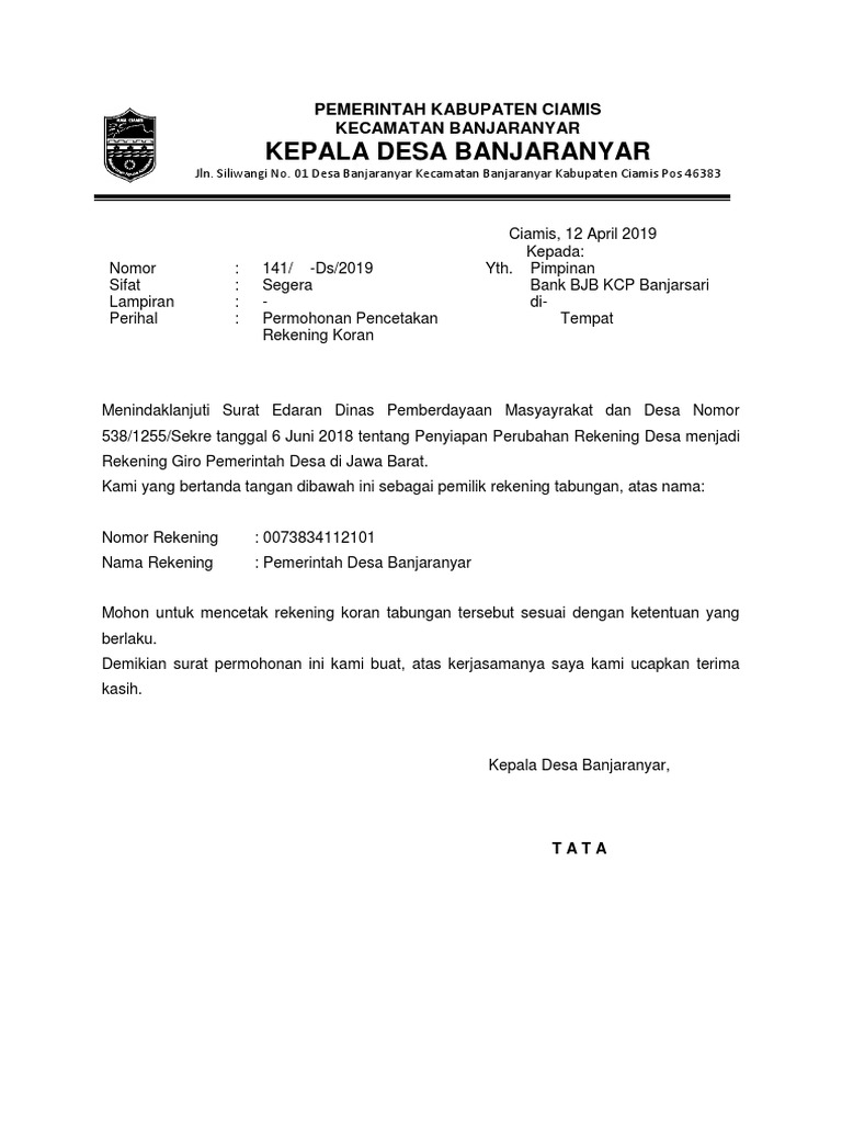 Contoh Surat Kuasa Cetak Rekening Koran Perusahaan  Contoh Surat