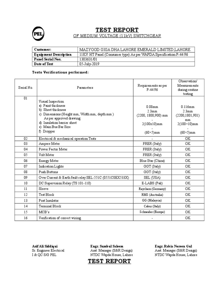 HT Panel Test Report PDF Voltage Relay