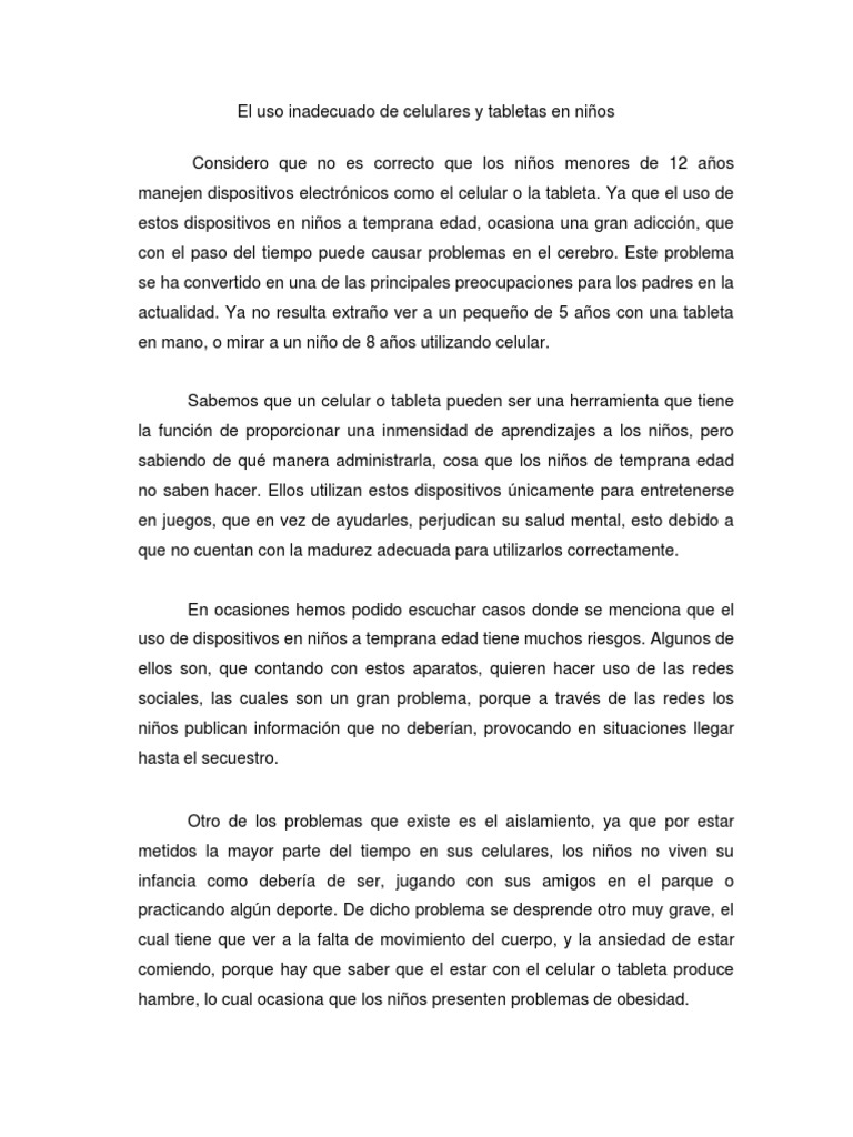 Texto Argumentativo Uso de Celulares en Niños | Telefonía móvil