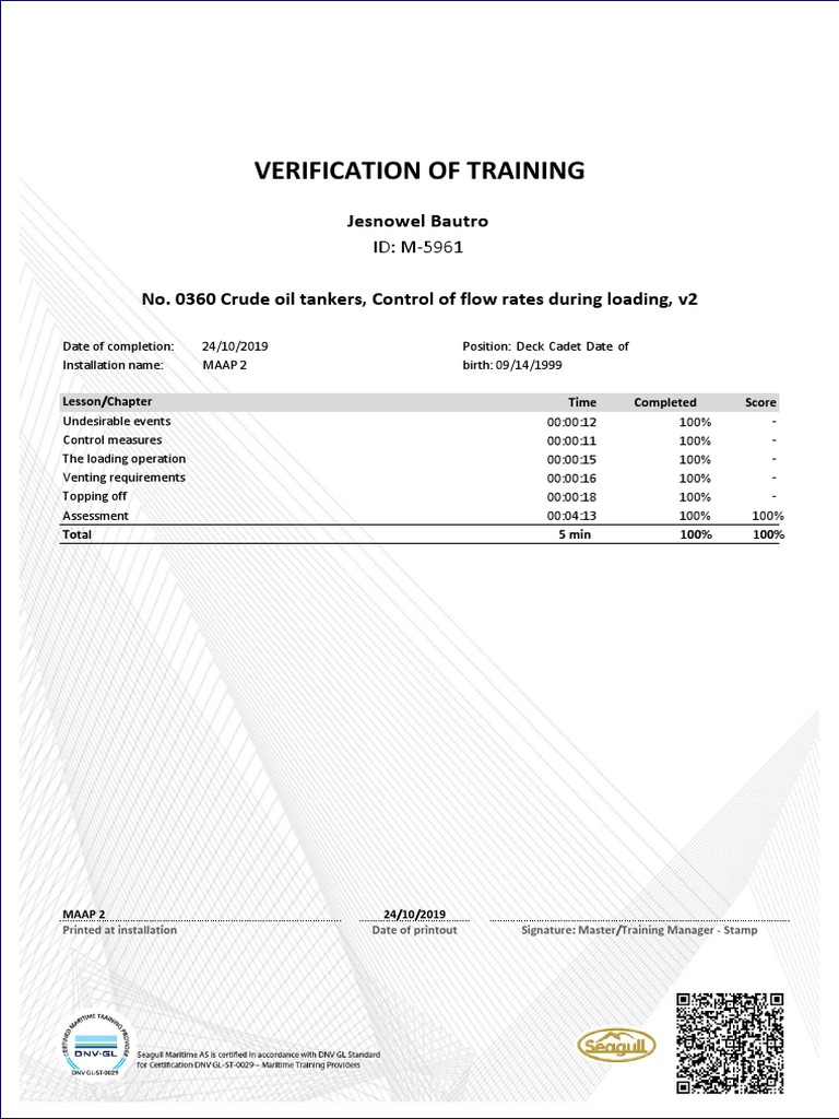 Verification of Training: Jesnowel Bautro | PDF
