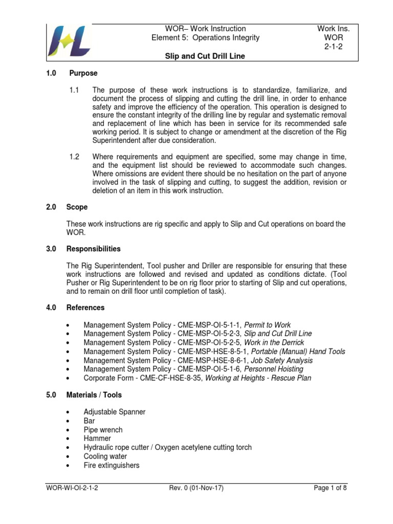 WOR WI OI 2 1 2 Slip and Cut Drill Line PDF Rope Risk Management