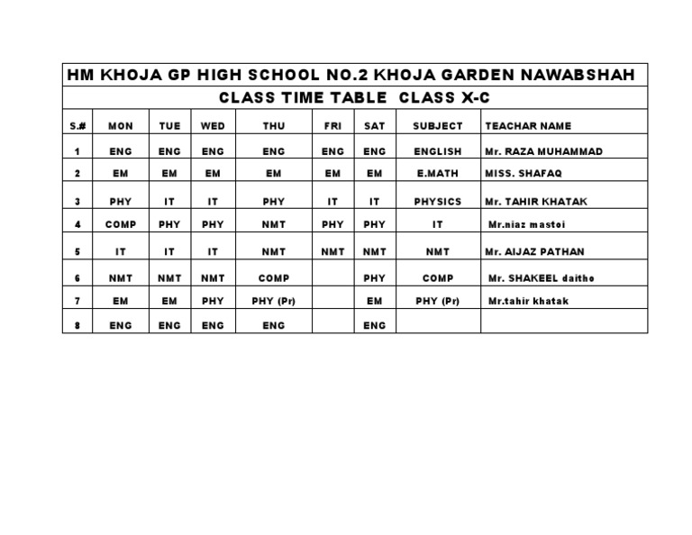 Class X-C Timetable at HM Khoja School | PDF