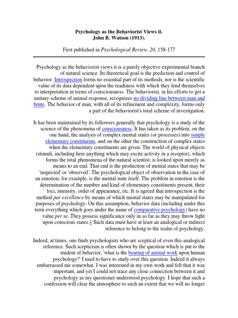 Introspection: Psychology As The Behaviorist Views It. John B. Watson ...