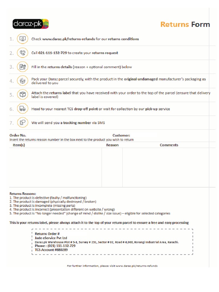Daraz Return Form PDF