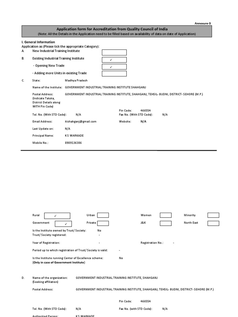 Application Form For Accreditation From Quality Council of India | PDF