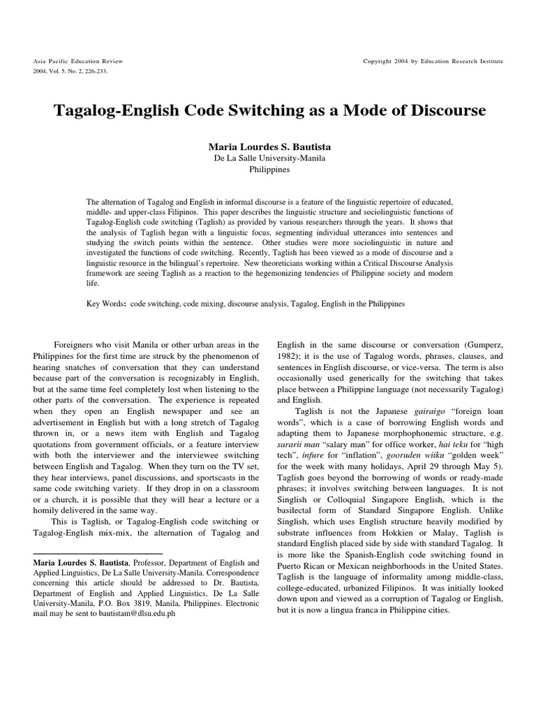Baustista - Tagalog English Code Switching As A Mode of Discourse PDF ...