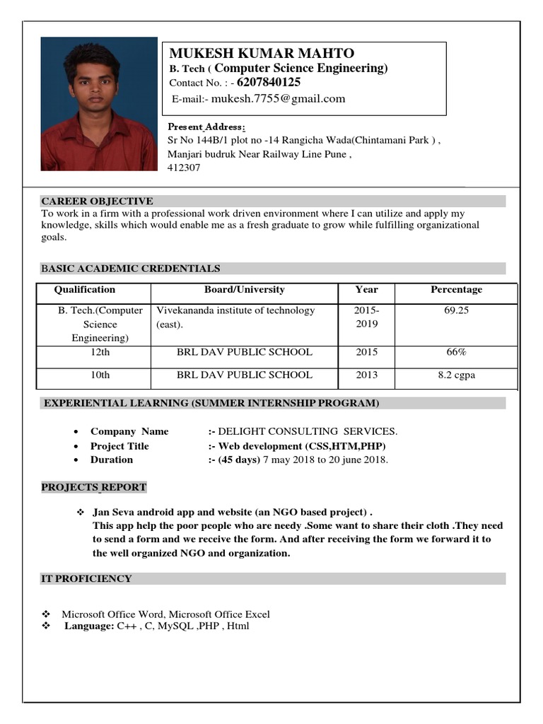 Mukesh Mahto: Computer Science Resume | PDF | Computing | Software