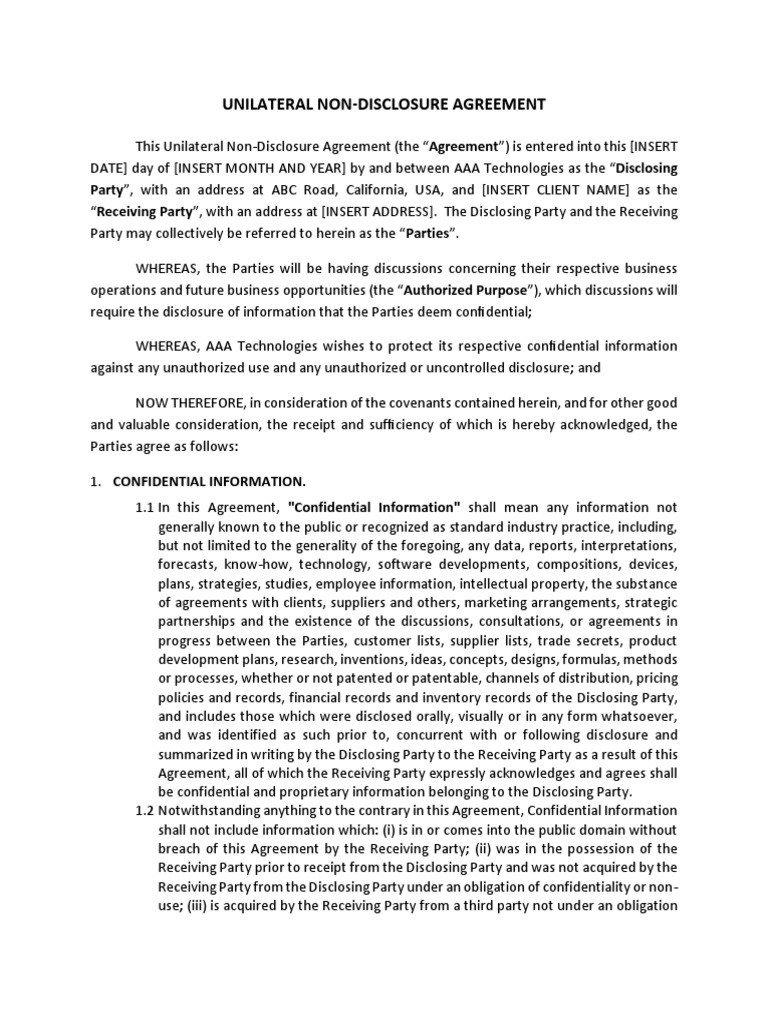 Unilateral Non-Disclosure Agreement Draft | PDF | Non Disclosure ...