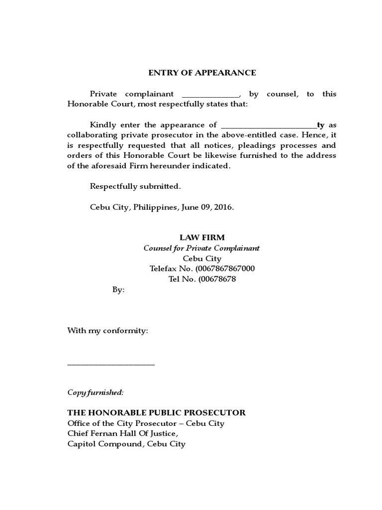Formal Entry Of Appearance Philippines