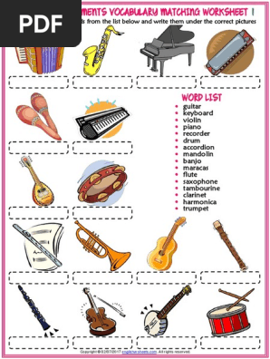 musical instruments vocabulary esl matching exercise worksheet for kids pdf musical instruments music industry