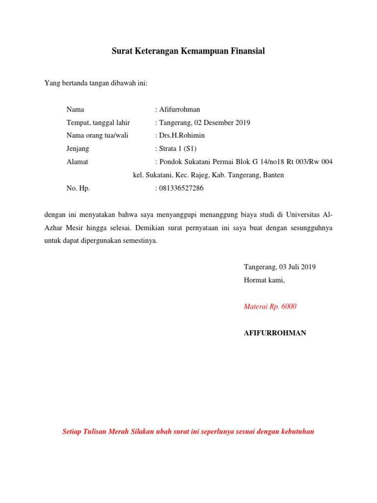 Surat Keterangan Kemampuan Finansial | PDF