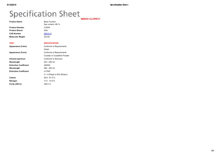 Basic Fuchsin Specification Sheet | PDF | Wellness | Science & Mathematics
