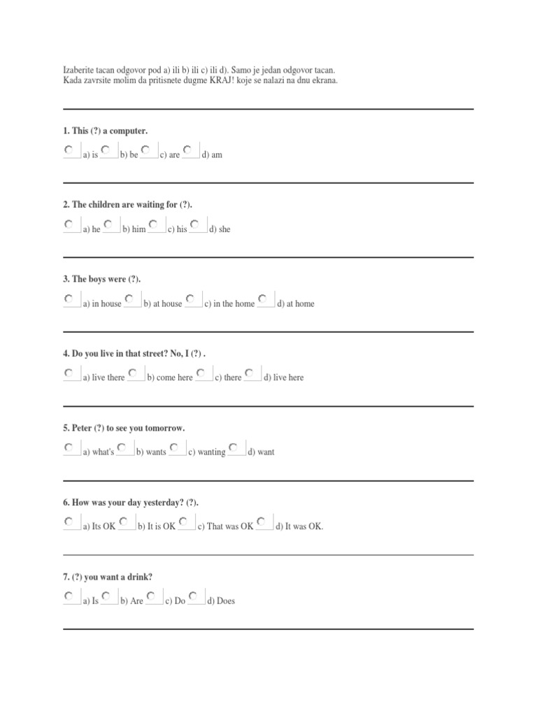 Test Iz Engleskog Jezika 6 Razred PDF