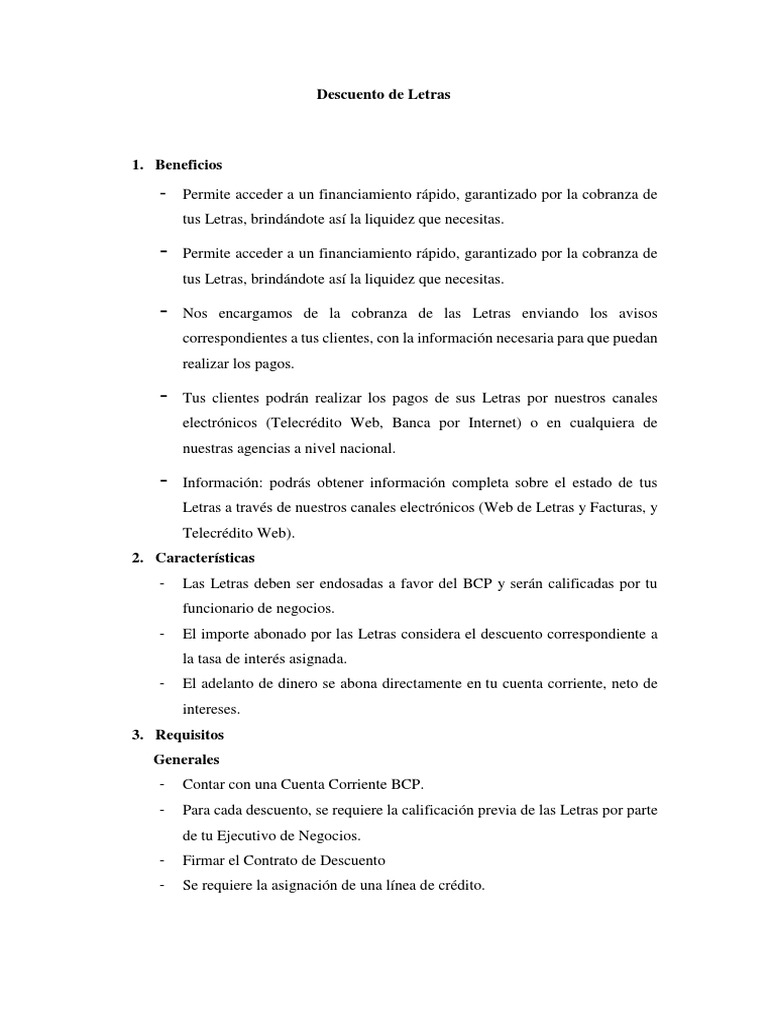 Descuento de Letras BCP PDF Bancos Economias