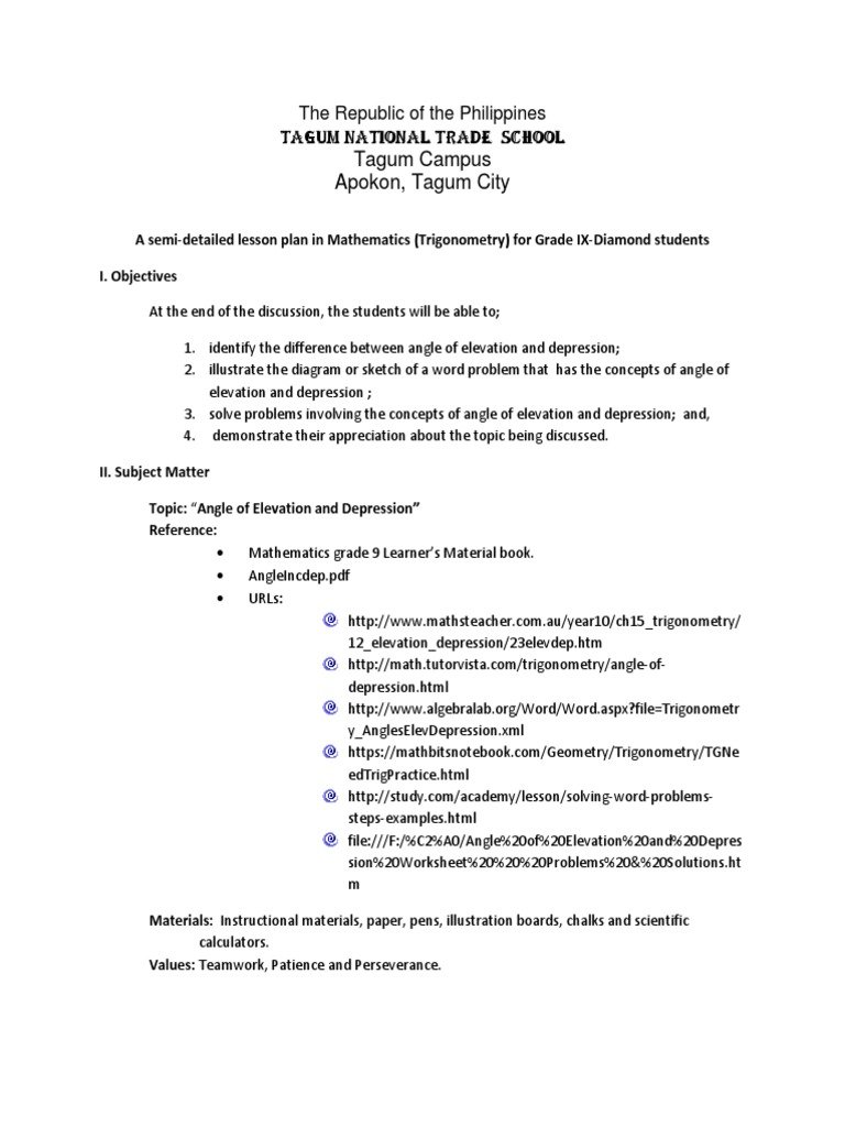 Grade 9 Trigonometry Lesson Plan | PDF | Triangle | Angle