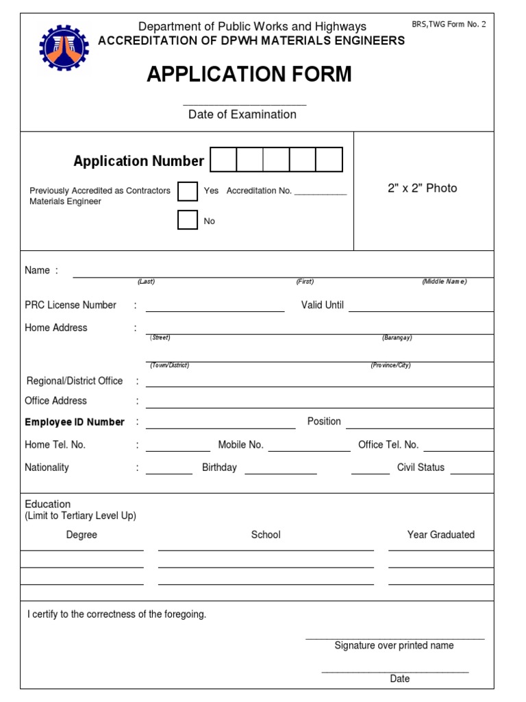 DPWH Materials Engineer Application Form | PDF | Identity Document ...