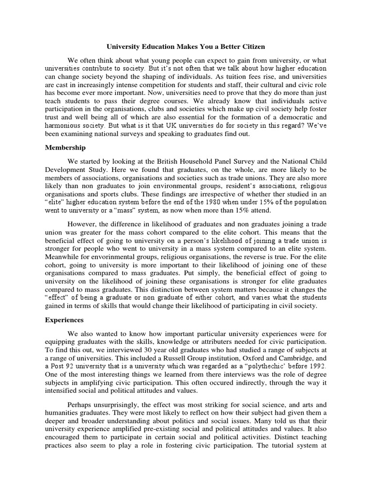 University Education Makes You A Better Citizen PDF University Higher Education