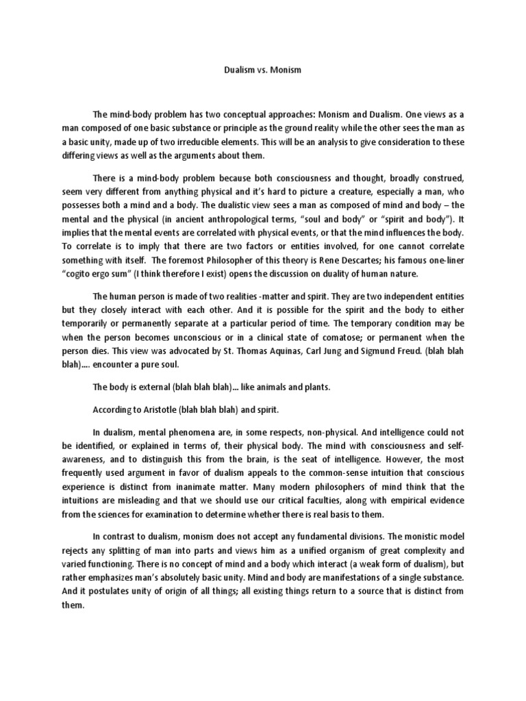 Dualism Vs Monism Two Views On The Mind Body Problem Pdf