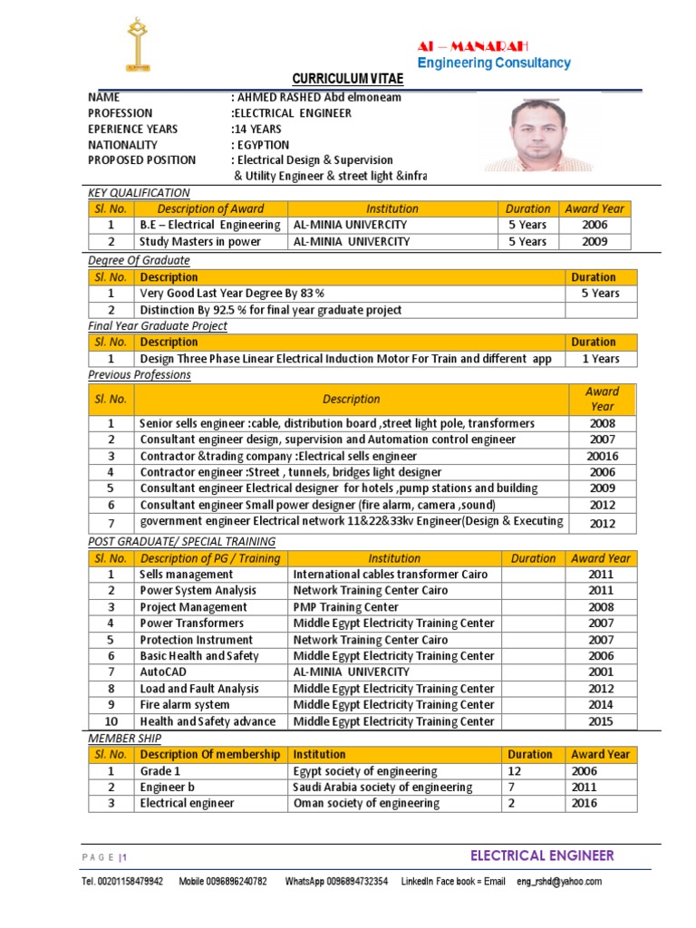 Electrical Engineer CV - Ahmed Rashed | PDF | Engineering | Lighting