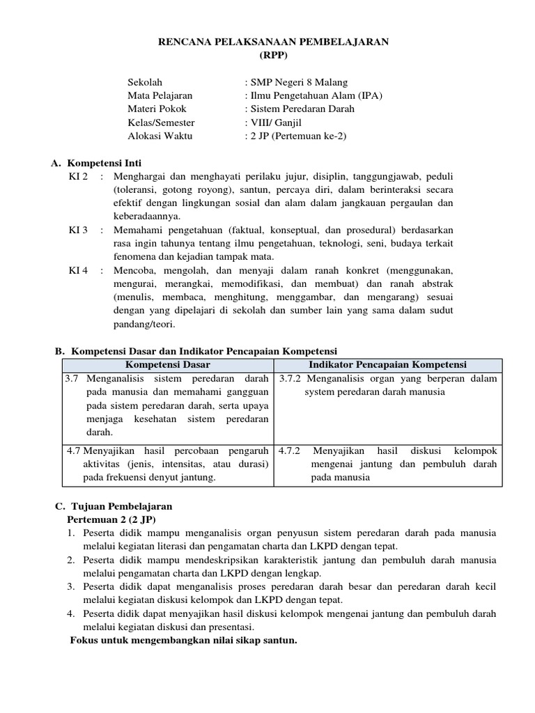 Rpp Evaluasi Soal Peredaran Darah Pertemuan Ke 2