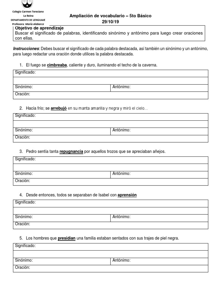 Ampliación de vocabulario para 5to Básico | PDF | Oración