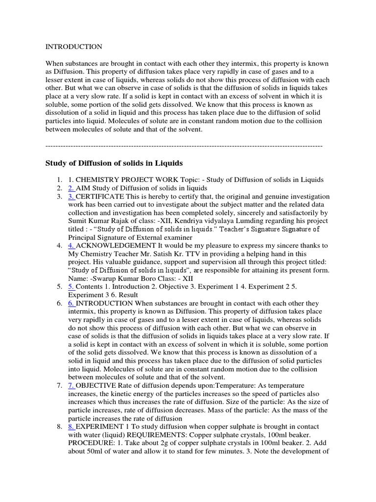 Study of Solid Diffusion in Liquids | PDF | Solution | Diffusion