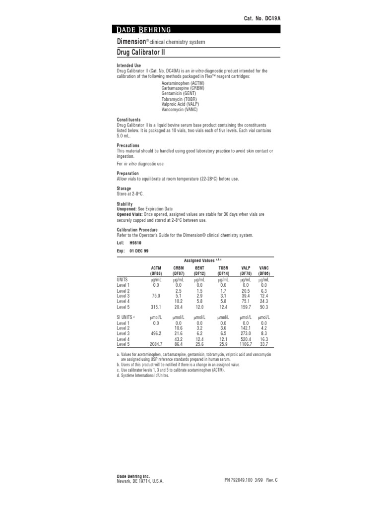 Dimension Drug Calibrator II Clinical Chemistry System PDF