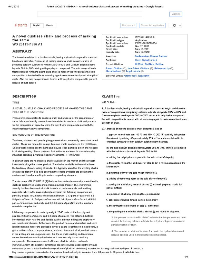 Dustless Chalk and Process of Making PDF PDF Materials Chemistry