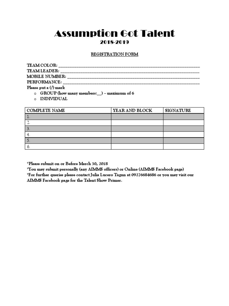 Assumption Got Talent Registration Form | PDF