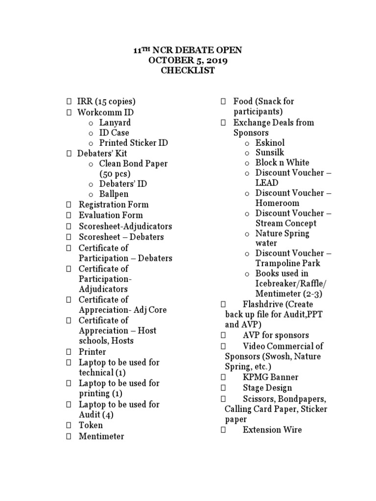 11 NCR Debate Open OCTOBER 5, 2019 Checklist | PDF | Home & Garden ...
