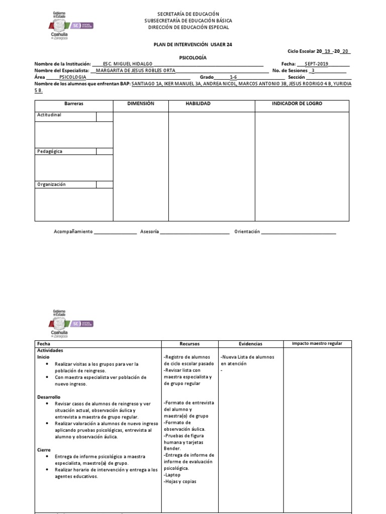 Plan de Intervencion Area Psicologia | PDF | Evaluación | Sicología