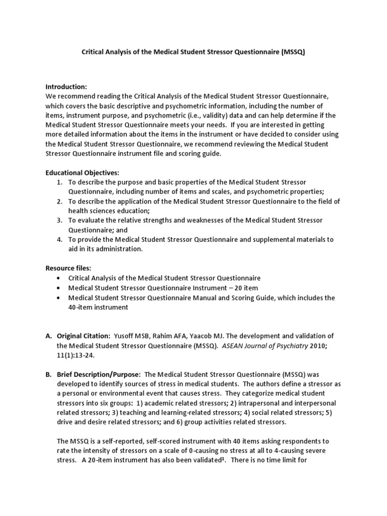 Analysis of the Medical Student Stressor Questionnaire | PDF | Internal ...