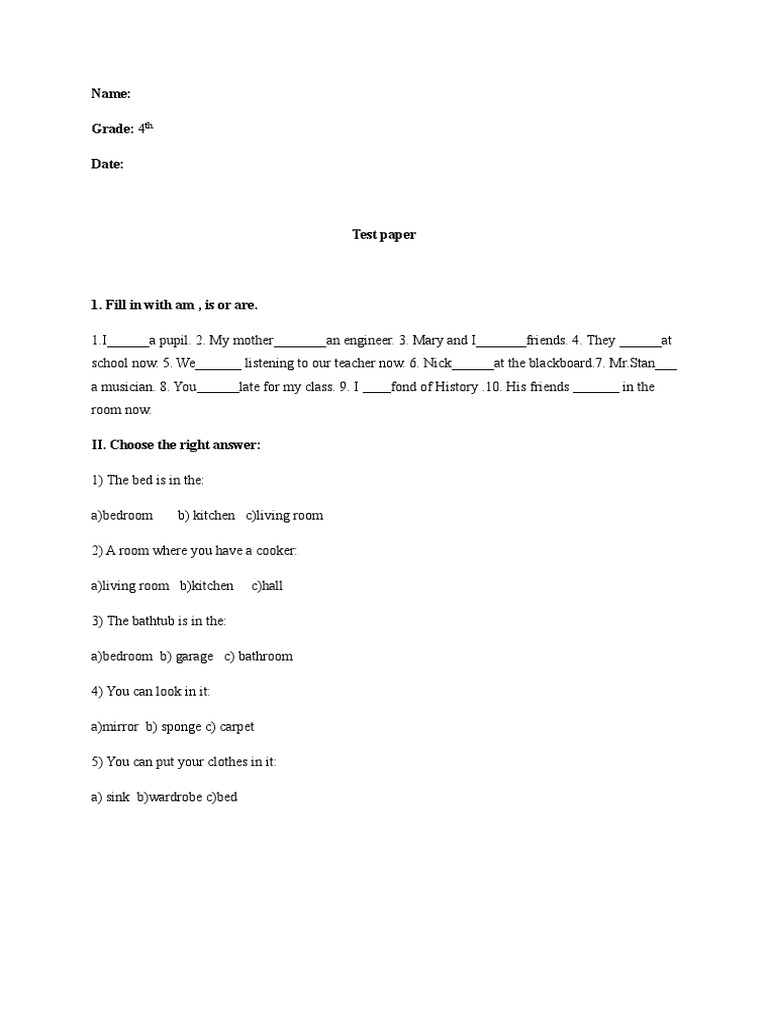 4th Grade English Test Paper | PDF