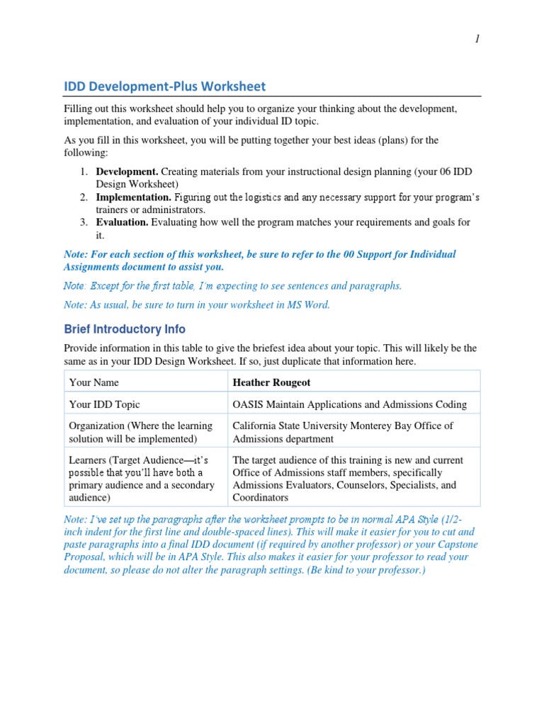 IDD Development-Plus Worksheet Guide | PDF | Simulation | Usability