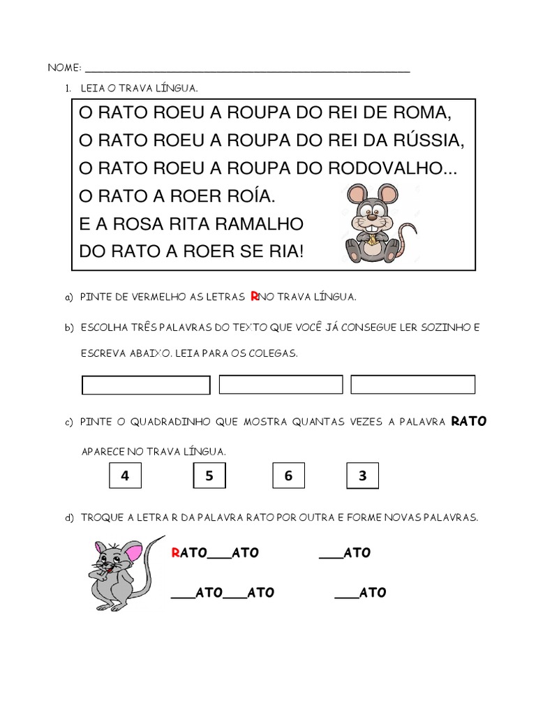 Atividades de alfabetização focadas em palavras com o som da letra R | PDF