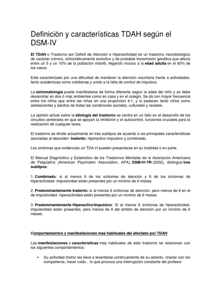 Definición y Características TDAH Según El DsmIv PDF Desorden hiperactivo y deficit de