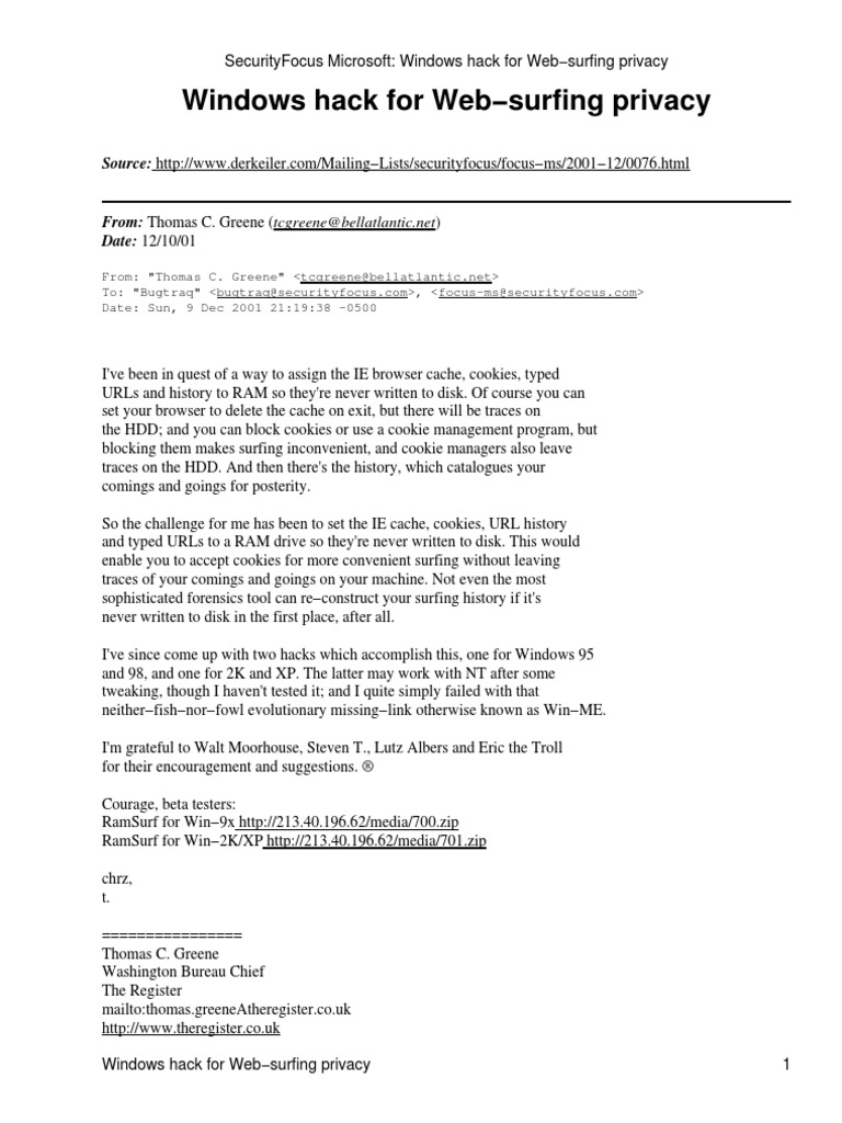 Securityfocus Microsoft: Windows Hack For Web Surfing Privacy | PDF ...