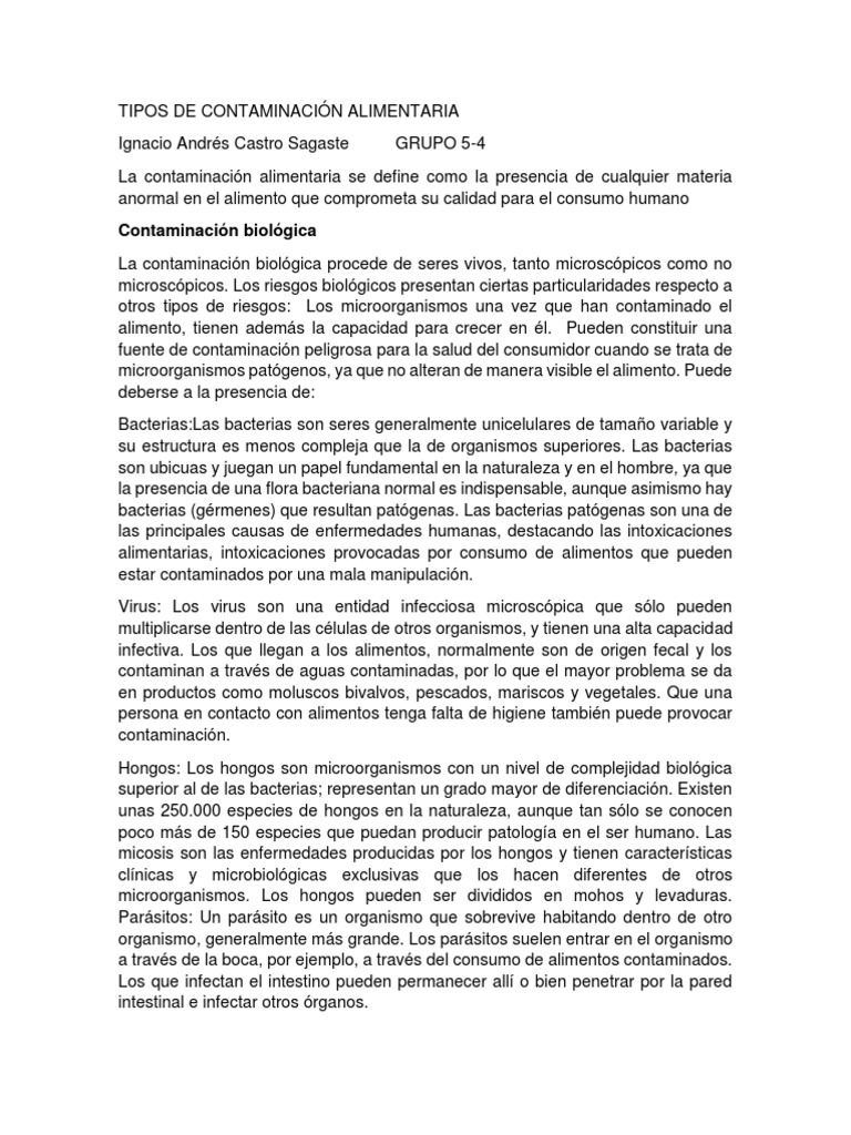 Tipos de Contaminación Alimentaria | PDF | Las bacterias | Alimentos